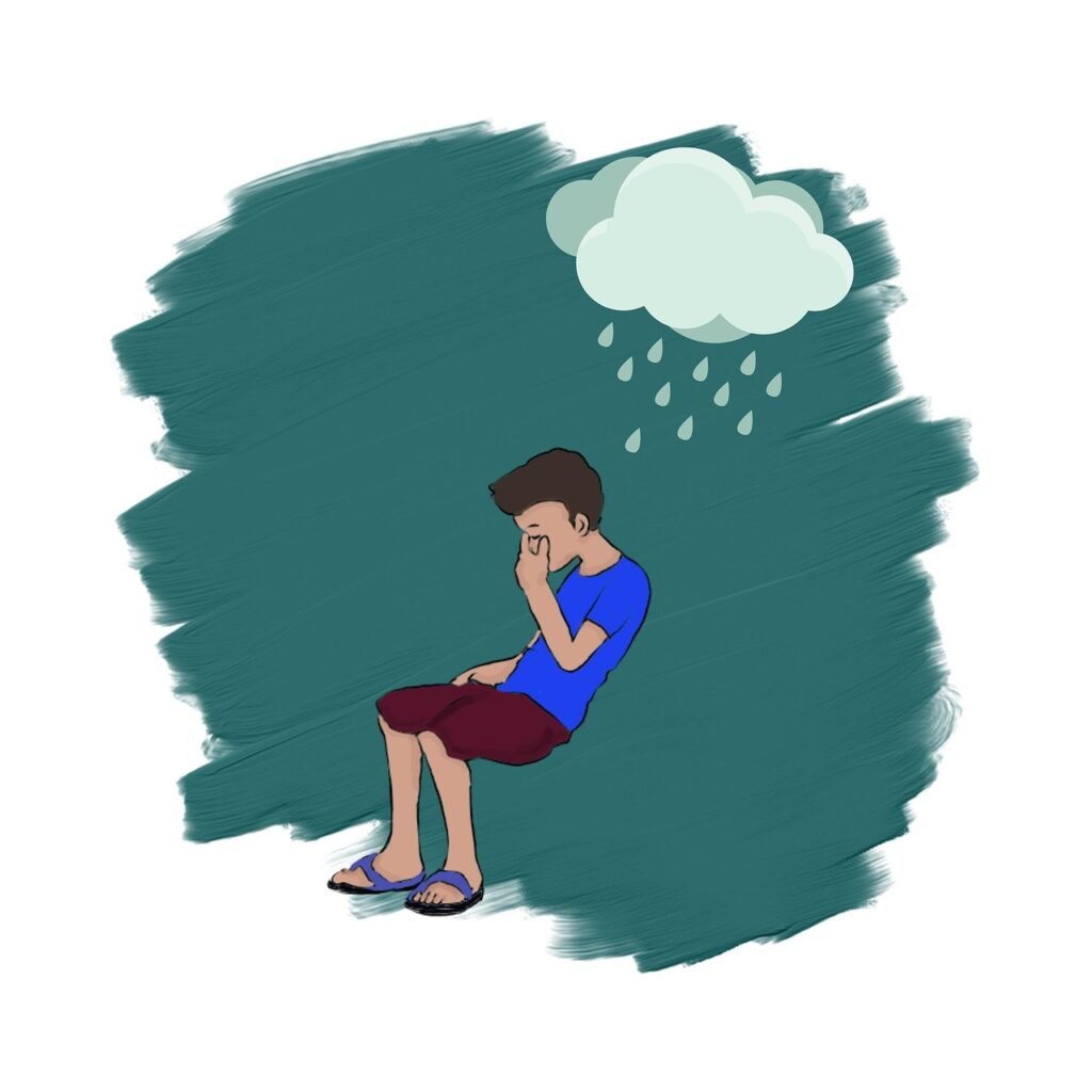sad, boy, child, feeling, nature, mood, depression, sad boy, rain, negative, sitting, mental illness, mental health, digital art, mental health overdiagnosis