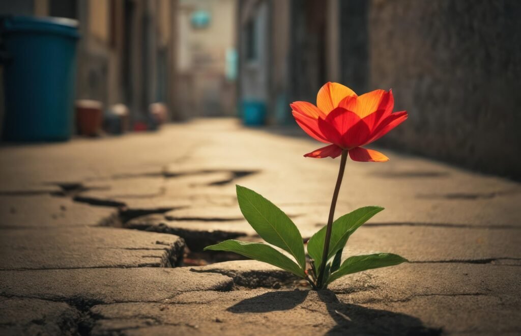 ai generated, nature, flower, road, plant, petals, bloom, resilience, alley, resilience building